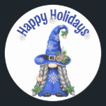Blue Christmas Gnome Runder Aufkleber<br><div class="desc">Niedliche Weihnachtsmädchen Gnome und Silberschneeflocken auf Weiß. Die Hintergrundfarbe kann geändert werden. Text ist bearbeitbar.</div>