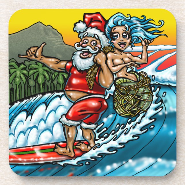 Blue Christmas Hawaiian Surfing Santa Illustration Getränkeuntersetzer (Vorderseite)