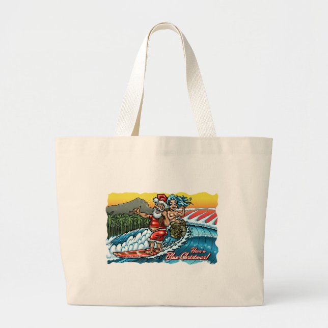 Blue Christmas Hawaiian Surfing Santa Illustration Jumbo Stoffbeutel (Vorne)