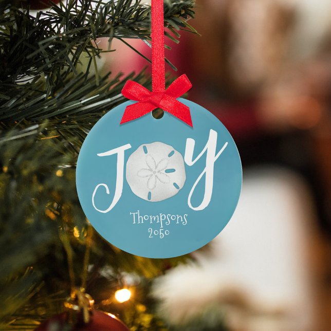 Blue Christmas Holiday Joy Photo Beach Sand Dollar Keramik Ornament (Simple Joy Typography sand dollar turquoise blue Christmas Photo Ornament. )