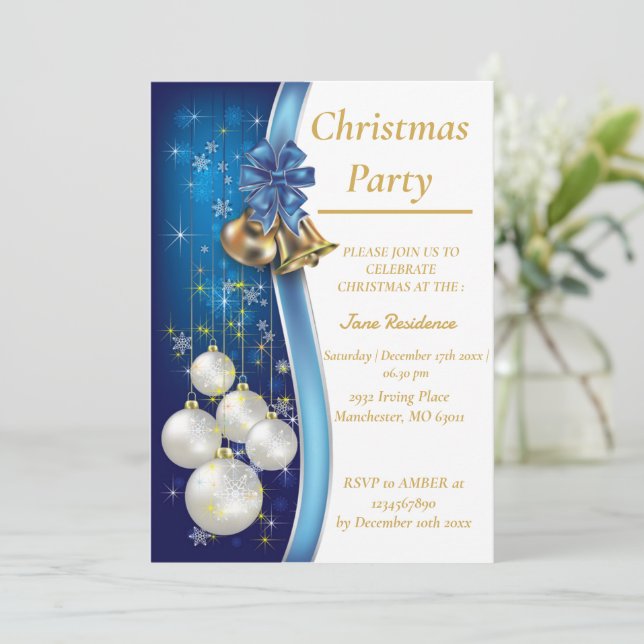 Blue Christmas Ornament Invitation Einladung (Stehend Vorderseite)