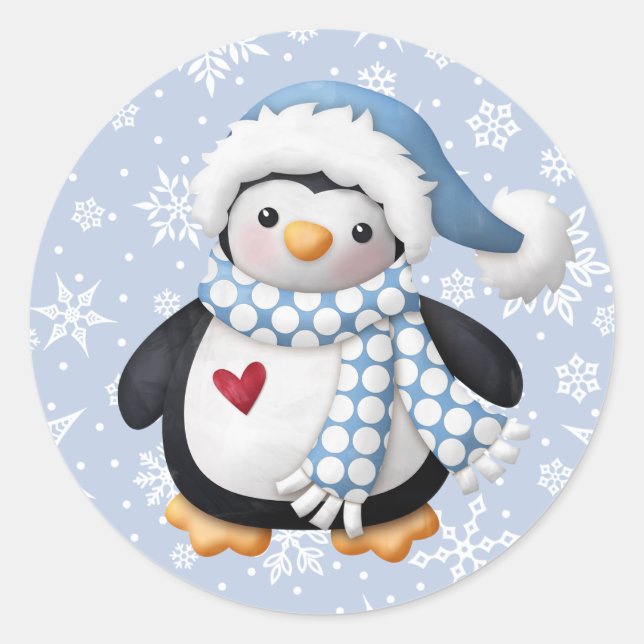 Blue Christmas Penguin Round Sticker (Vorderseite)