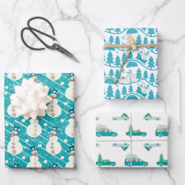 Blue Christmas Penguin, Snowman, Rentier Set of Geschenkpapier Set