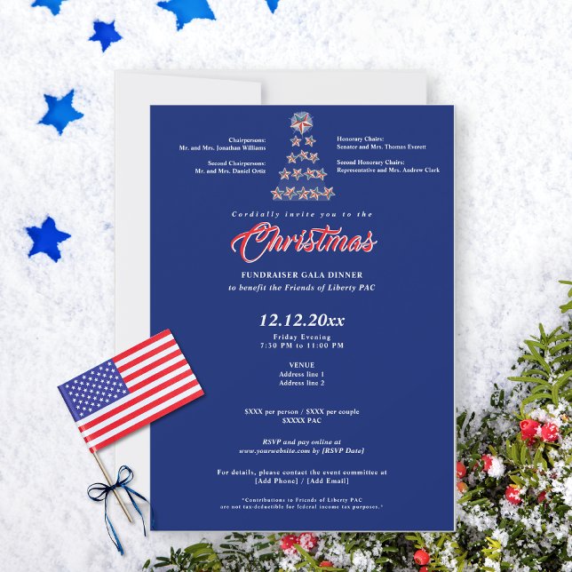 Blue Christmas Political Fundraiser Gala Dinner Einladung (Blue Christmas political fundraiser gala invitation on snowy background with star tree)