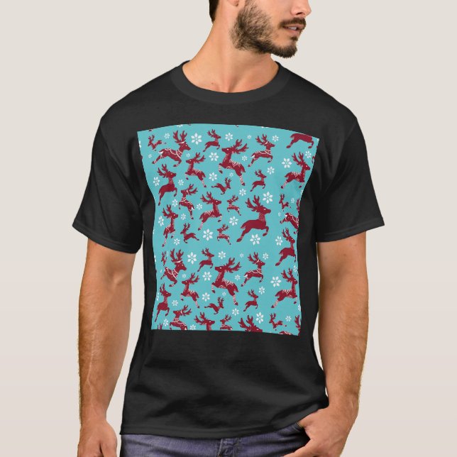 Blue Christmas Reindeer Pattern T-Shirt (Vorderseite)