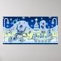 Blue Christmas Santa Claus Snowman Poster Tree