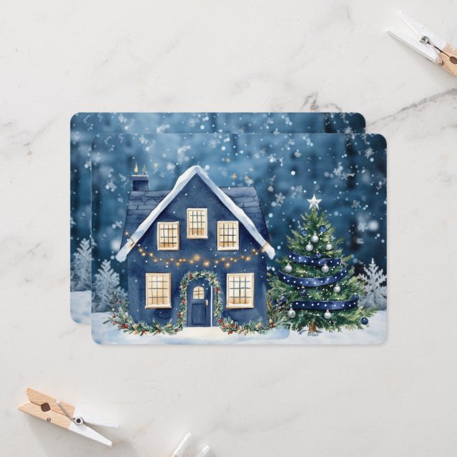 Blue Christmas Snow Winter Scene House (Vorderseite/Rückseite Beispiel)