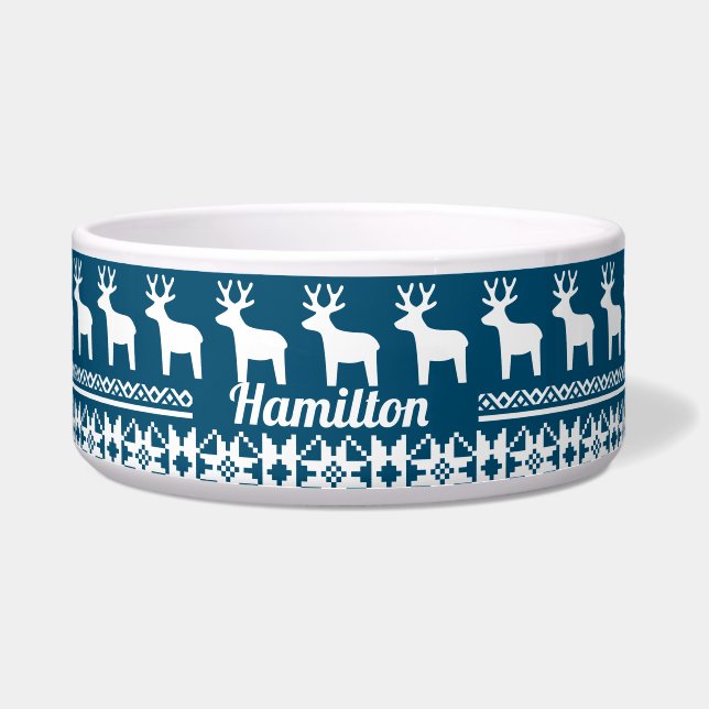 Blue Christmas Snowflake Rentier Monogram Pet Napf (Vorderseite)