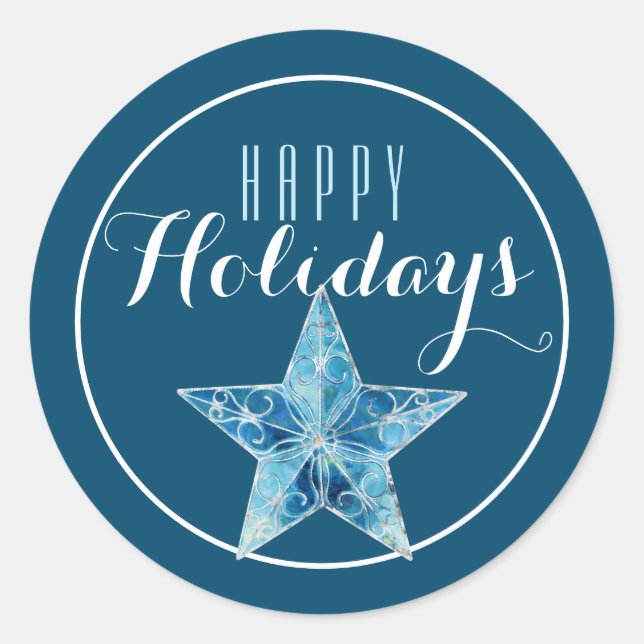 Blue Christmas Star Happy Holiday / Blue Runder Aufkleber (Vorderseite)