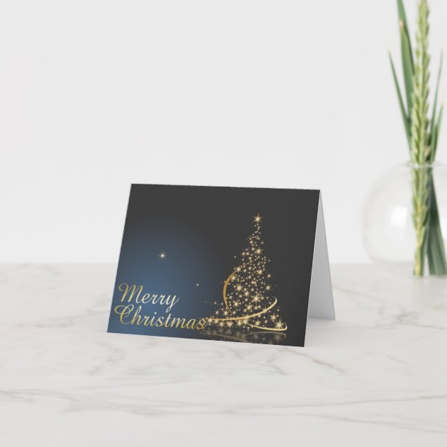 Blue Christmas Thema mit goldenem Weihnachtsbaum Karte (Vorderseite)