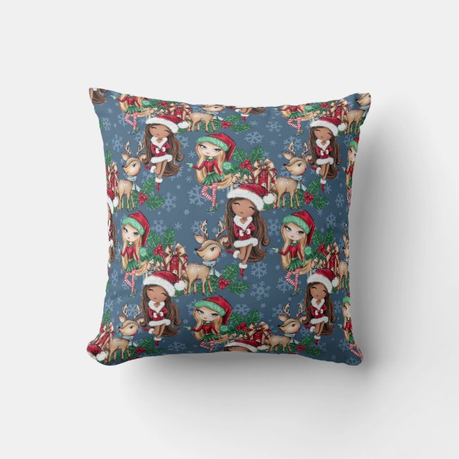 Blue Christmas Theme Adorable Elf Deer Kissen (Vorderseite)