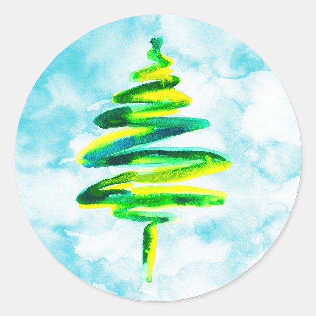 Blue Christmas Tree Aquarell Classic Round Runder Aufkleber (Vorderseite)