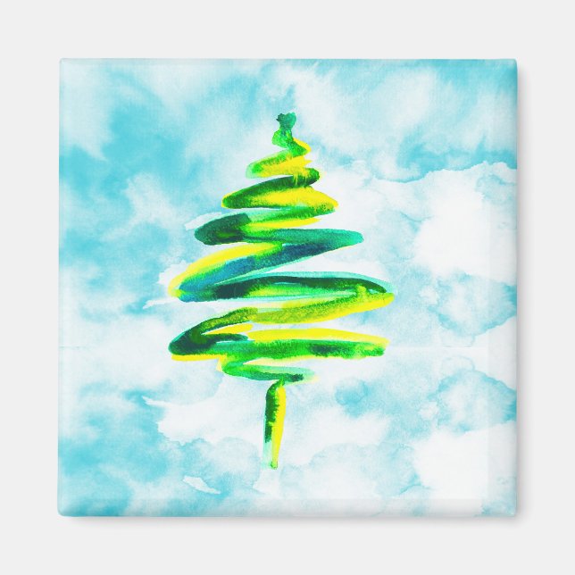 Blue Christmas Tree Aquarellmagnet Magnet (Vorne)