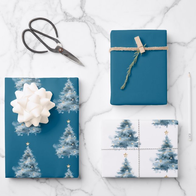 Blue Christmas Tree Gold Star Geschenkpapier Set (Vorderseite)