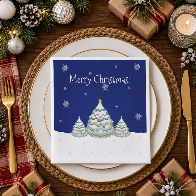 Blue Christmas Tree Paper Napkin Serviette (Blue Snowy Christmas Tree Paper Napkins)