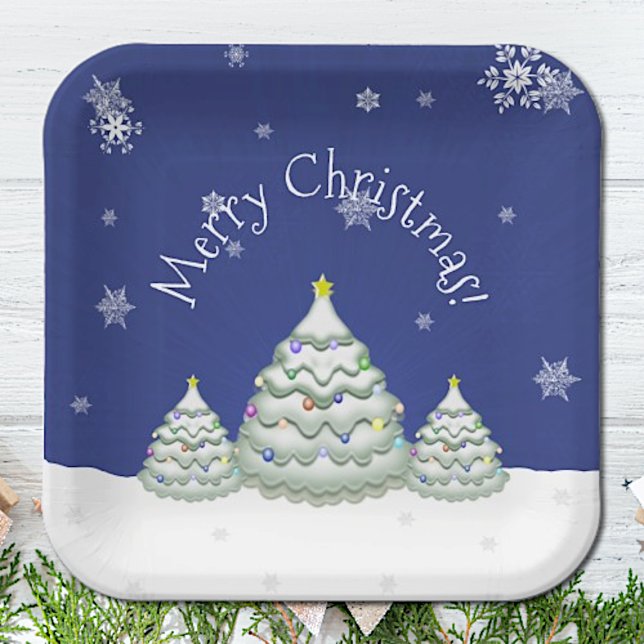 Blue Christmas Tree Paper Plate Pappteller (Blue Snowy Christmas Tree Paper Plates)