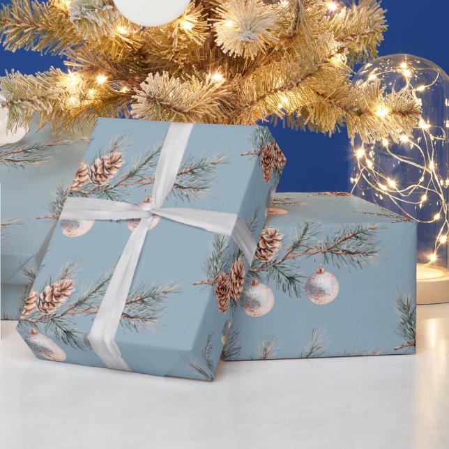 Blue Christmas Tree Pine Cones Ornaments   Geschenkpapier (Feiertage)