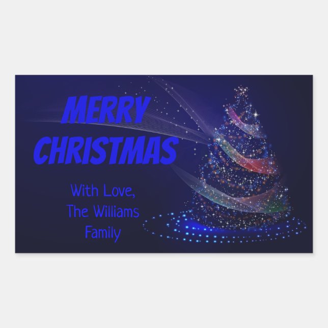 Blue Christmas Tree Stars String of Lights Elegant Rechteckiger Aufkleber (Vorderseite)