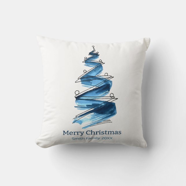 Blue Christmas Tree Watercolor Kissen (Vorderseite)