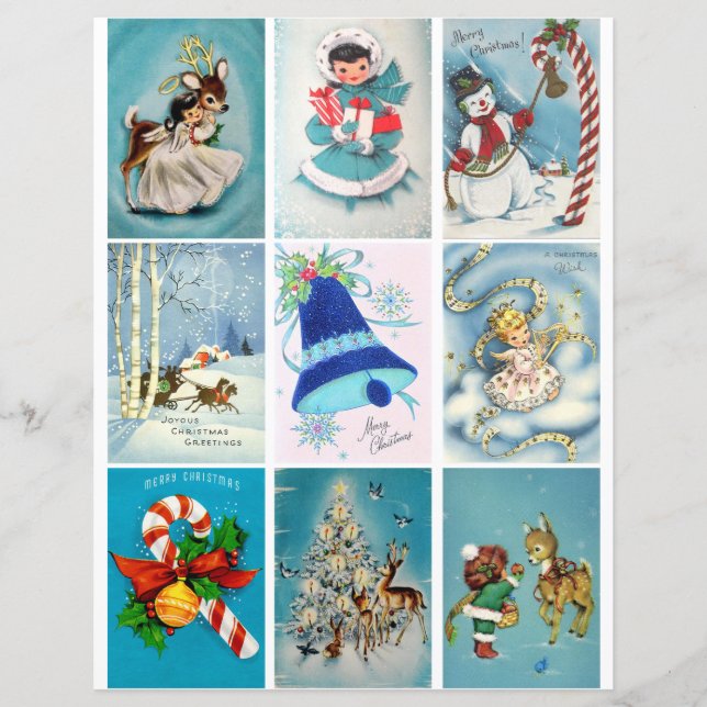 Blue Christmas Vintag Cards Clipart Sheet (Vorderseite)