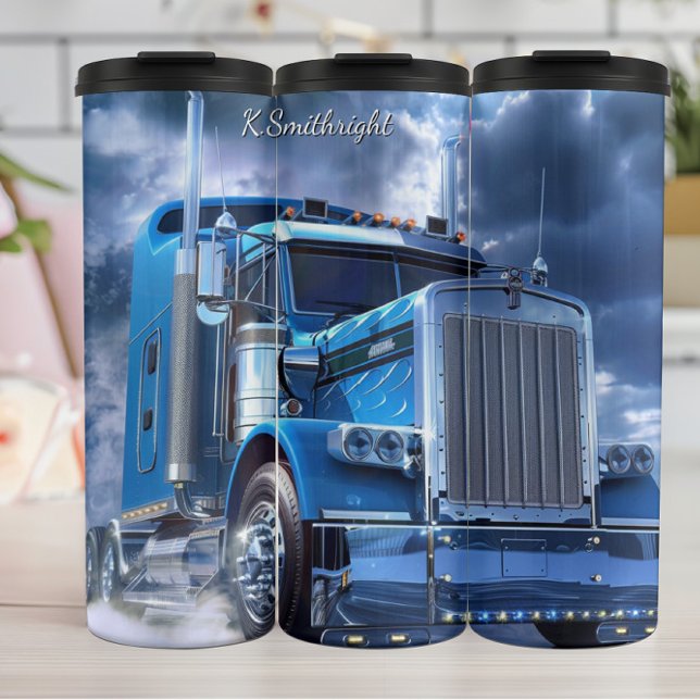 Blue Chrome Semi Truck Stormy Sky Thermosbecher (Von Creator hochgeladen)
