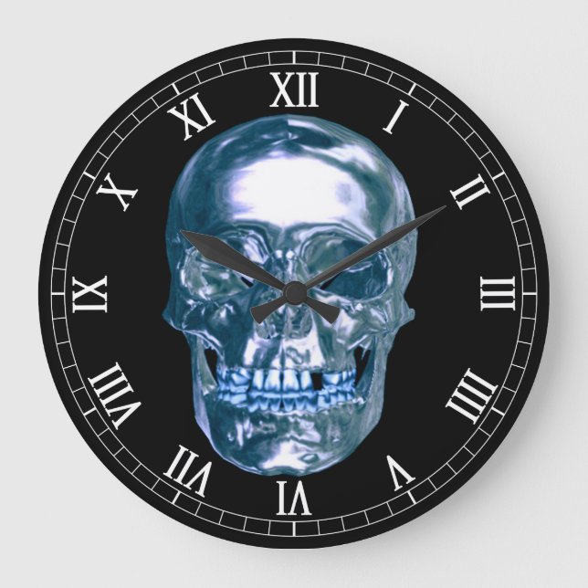 Blue Chrome Skull Rundrömische Zahlen Uhr (Vorderseite)