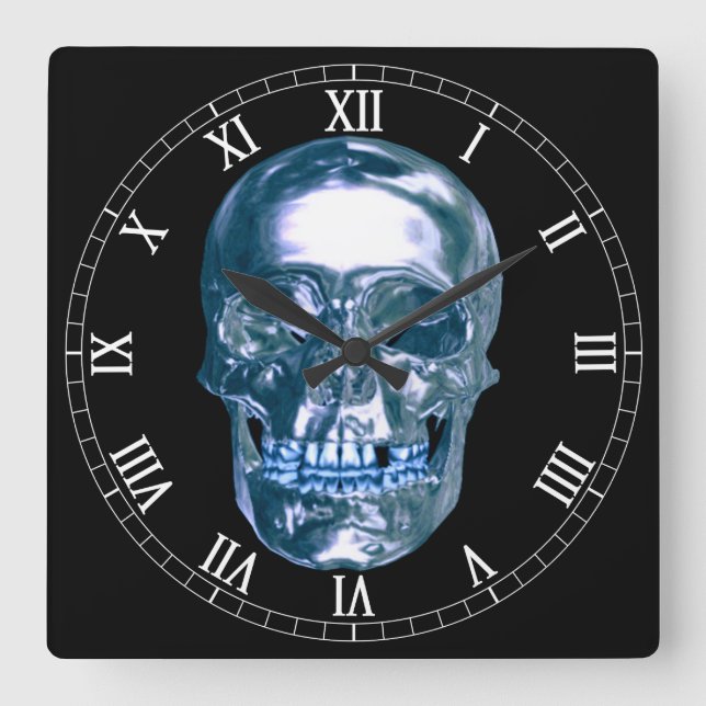Blue Chrome Skull Square Roman Numerals Clock Quadratische Wanduhr (Vorderseite)