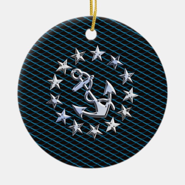 Blue Chrome Style Yacht Flag auf Grille Print Keramik Ornament (Vorne)