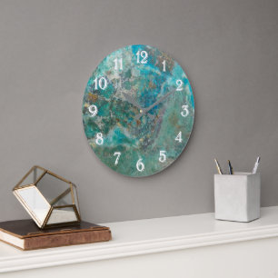 Blue Chrysocolla Mineral Stone mit weißen Zahlen Große Wanduhr