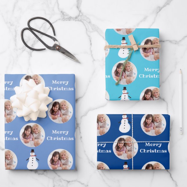 Blue Circle Foto Snowman Frohe Weihnachten Geschenkpapier Set (Vorderseite)