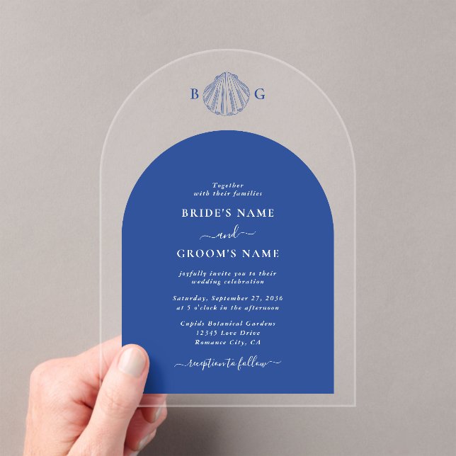 Blue Clam Seashells Coastal Seaside Beach Wedding Acryleinladungen (Insitu (Handheld))
