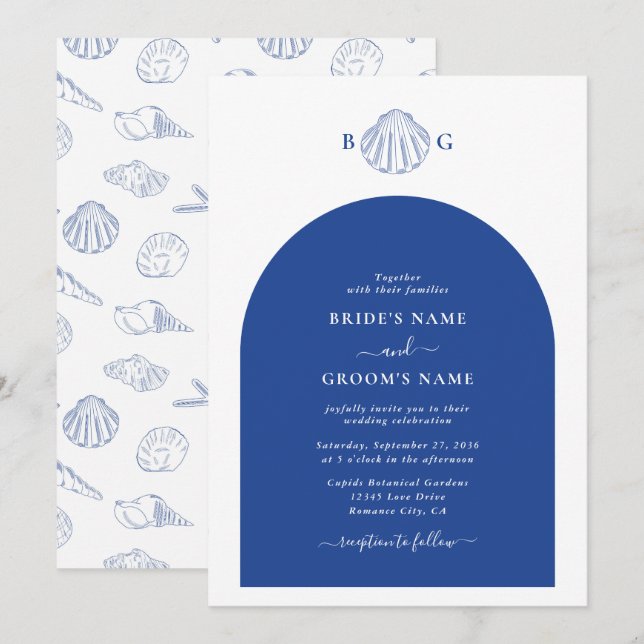 Blue Clam Seashells Coastal Seaside Beach Wedding Einladung (Vorne/Hinten)