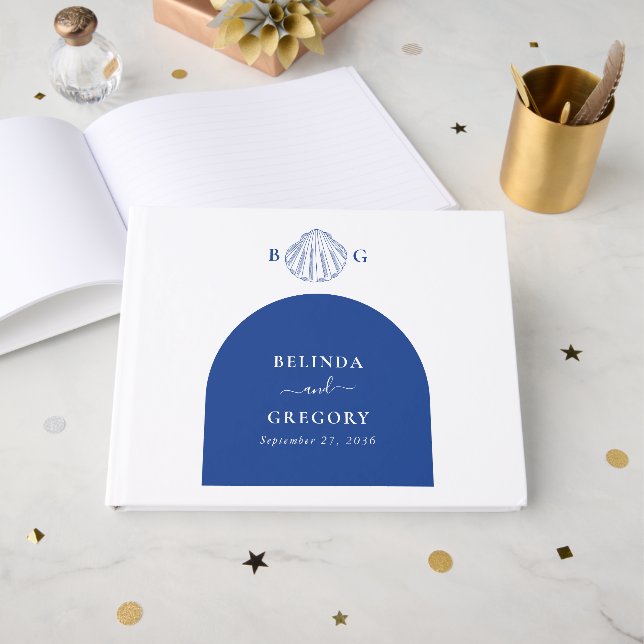 Blue Clam Seashells Coastal Seaside Beach Wedding Gästebuch (Vorderseite Offen)