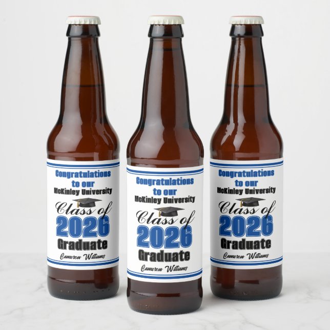 Blue Class of 2026 Graduation Party Custom Bierflaschenetikett (Flaschen)