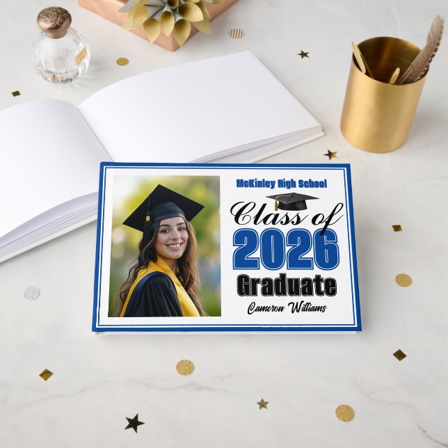Blue Class of 2026 Photo Small Graduation Gästebuch (Vorderseite Offen)