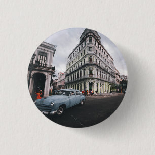 Blue Classic Vintage Car Cityscape Button