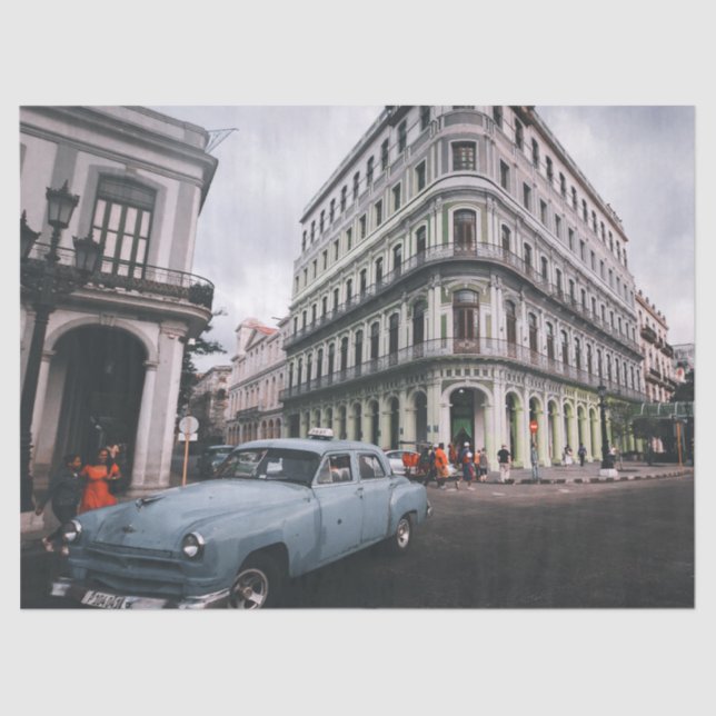 Blue Classic Vintage Car Cityscape Seidenpapier (Vorderseite)