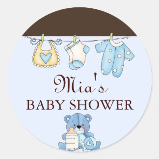 Blue Clothesline Baby Showaufkleber Runder Aufkleber