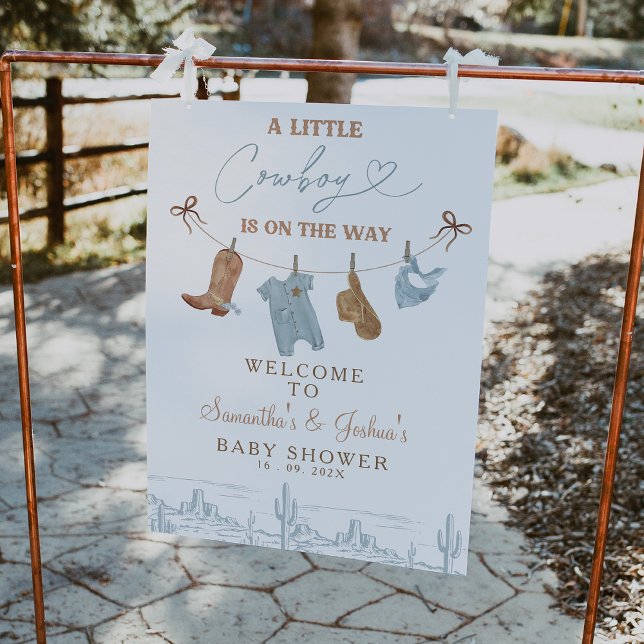 Blue Clothesline Cowboy Baby Dusche Begrüßungszeic Fotodruck (Cowboy Baby Shower Welcome Sign, Little Cowboy Baby Shower Welcome Sign Clothesline Western Desert)