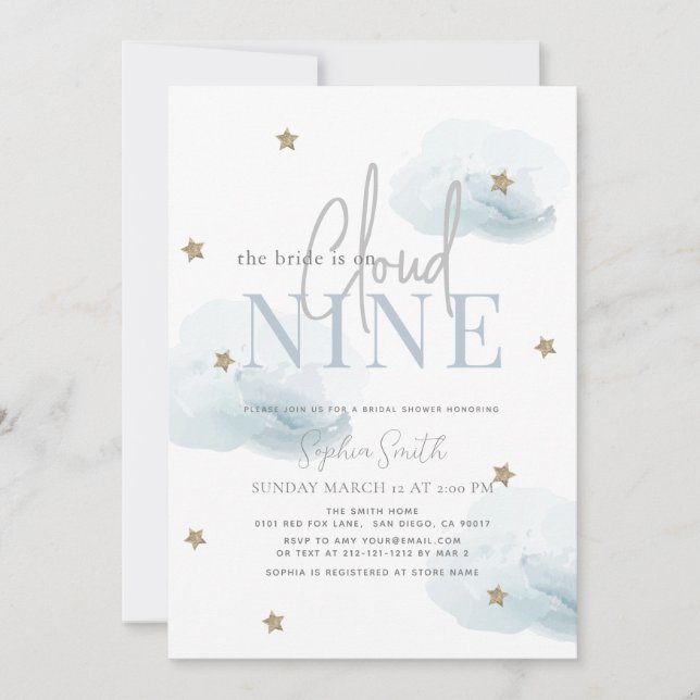 Blue Cloud 9 Gold Stars Watercolor Brautparty Einladung (Vorderseite)