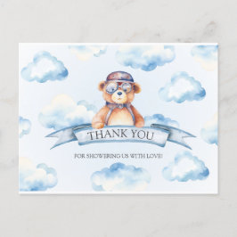 Blue Cloud Vintag Boy Bear Baby Dusche Postkarte