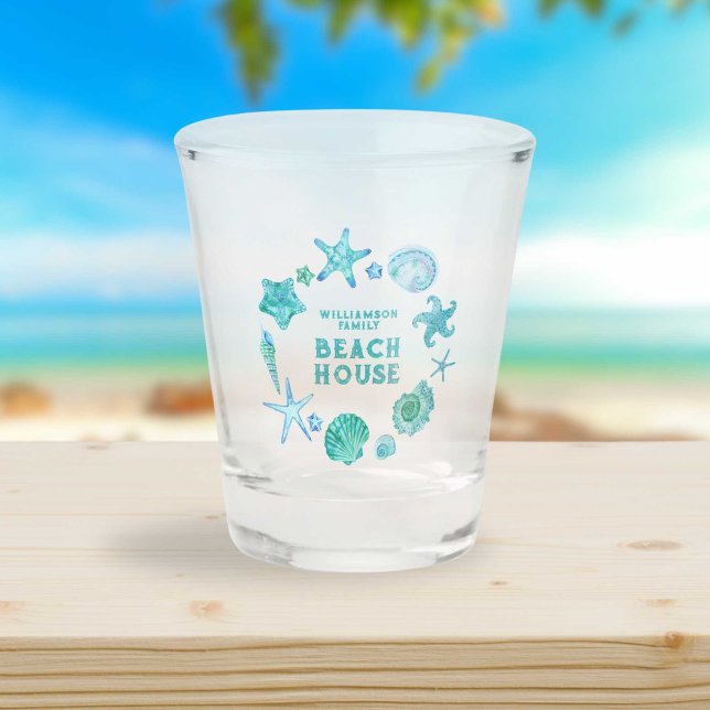Blue Coastal Seashells und Starfish Beach House Schnapsglas (Blue Coastal Seashells and Starfish Beach House Shot Glass)