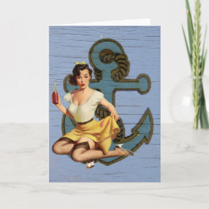 Blue Coastal Ship and Anchor Pool Girl Karte