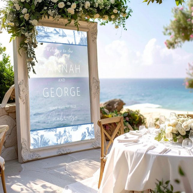 Blue Coastal Toile Hochzeit Begrüßungszeichen Mirr Fensteraufkleber (Von Creator hochgeladen)