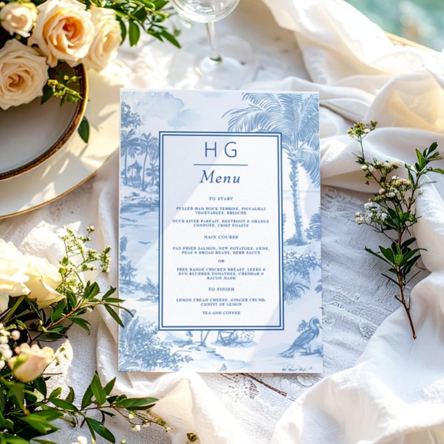 Blue Coastal Toile Hochzeitsmenü am Empfang Menükarte (Von Creator hochgeladen)