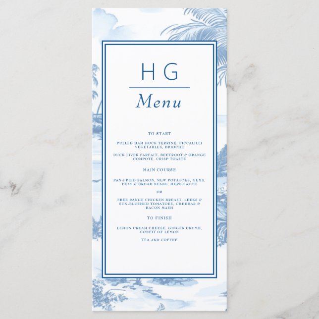 Blue Coastal Toile Hochzeitsmenü Menükarte (Vorderseite)