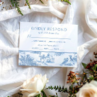 Blue Coastal Toile Wedding RSVP Antwortkarte