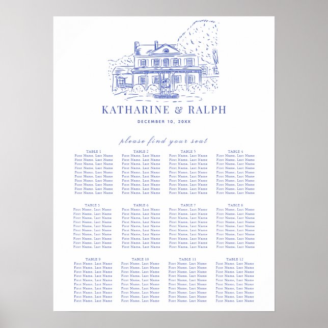 Blue Colonial House/Mansion/Manor Seating Chart Poster (Vorne)