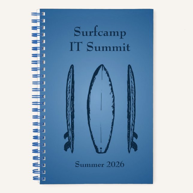 Blue Color Gradient Surf Camp, Surfboards and Text Notizbuch (Vorderseite)