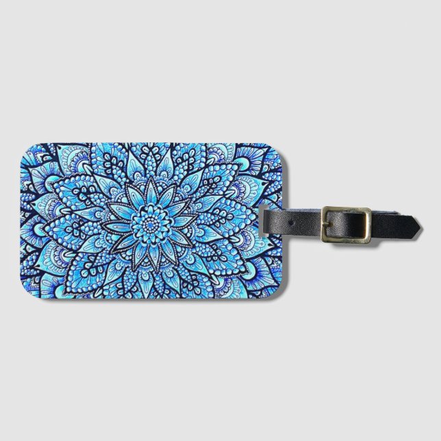 Blue Color Pencil Hand Drawn Mandala Design Gepäckanhänger (Vorderseite (Horizontal))